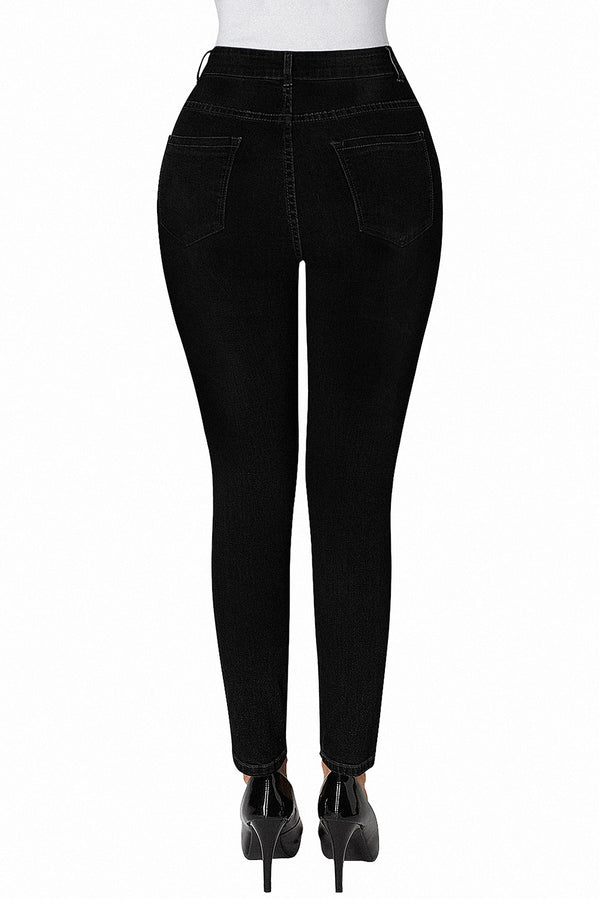 High Rise Buttons Belt Skinny Jeans#color_black