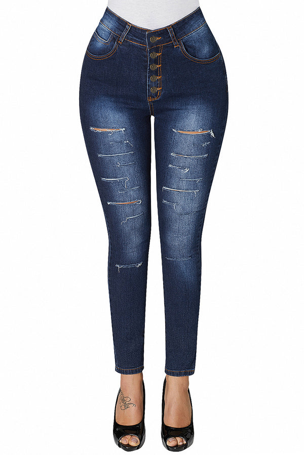 High Rise Buttons Belt Skinny Jeans#color_light-blue-wash