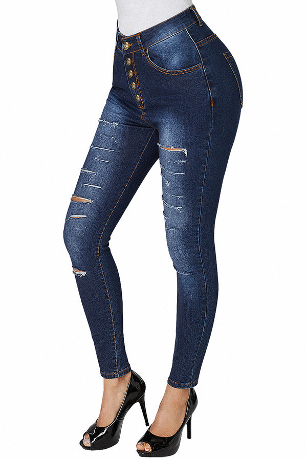 High Rise Buttons Belt Skinny Jeans#color_light-blue-wash