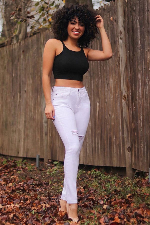 High Rise Ripped Stretchy Skinny Ankle Jeans#color_white