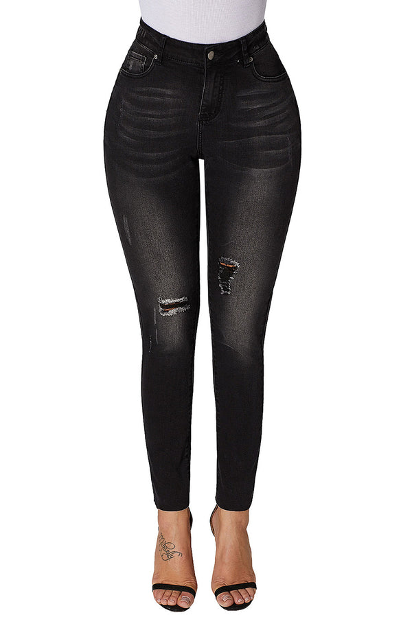 High Rise Ripped Stretchy Skinny Ankle Jeans#color_black
