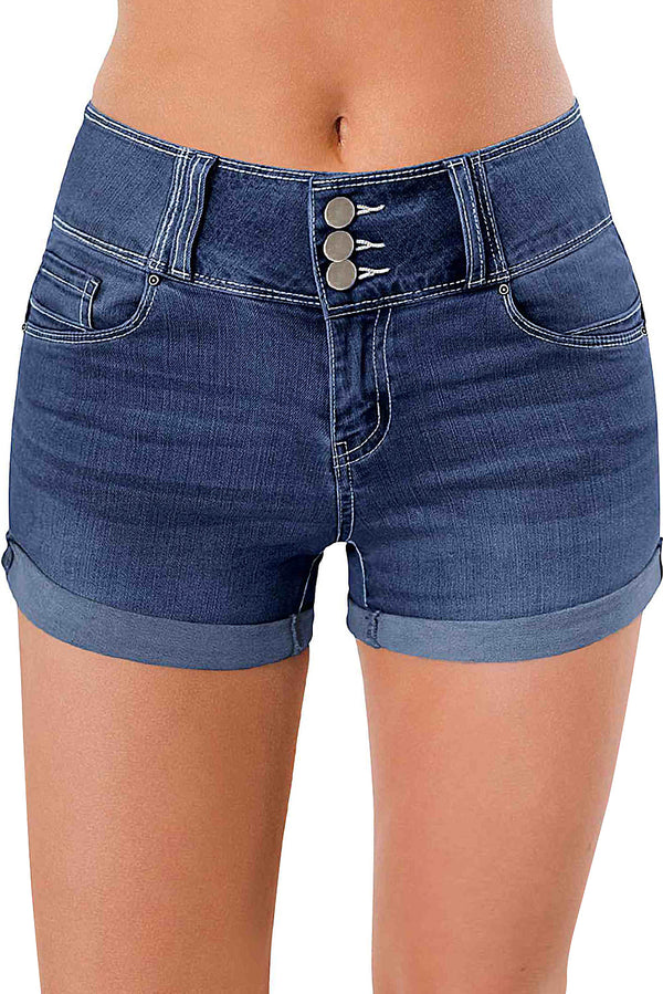 High Rise Stretchy Cuffed Denim Shorts