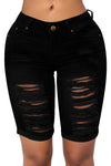 Mid Rise Hollow-out Ripped Bermuda Shorts