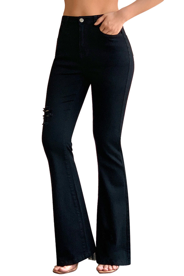 High Rise Ripped Raw Hemline Flare Jeans#color_black