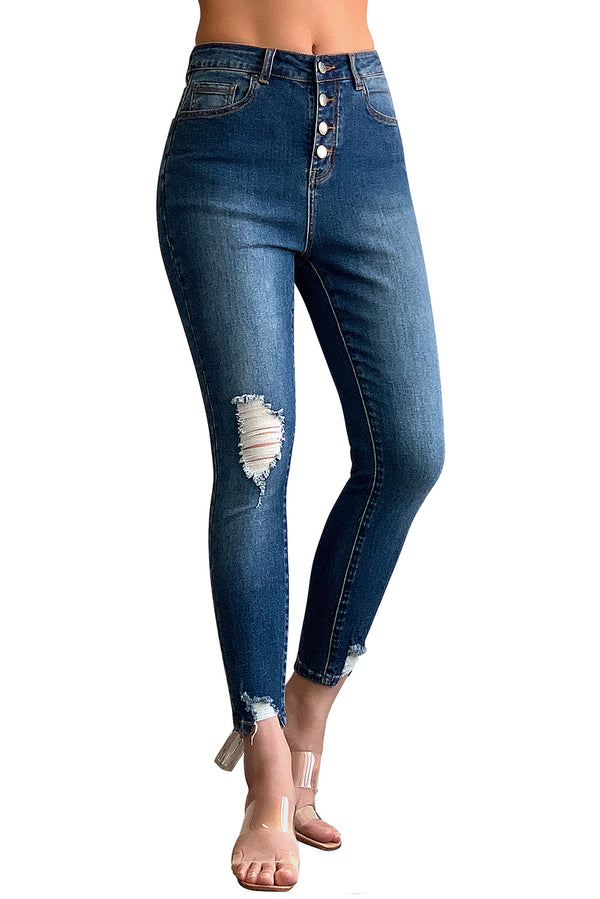 Blue Button Fly High Waist Ripped Skinny Fit Ankle Jeans