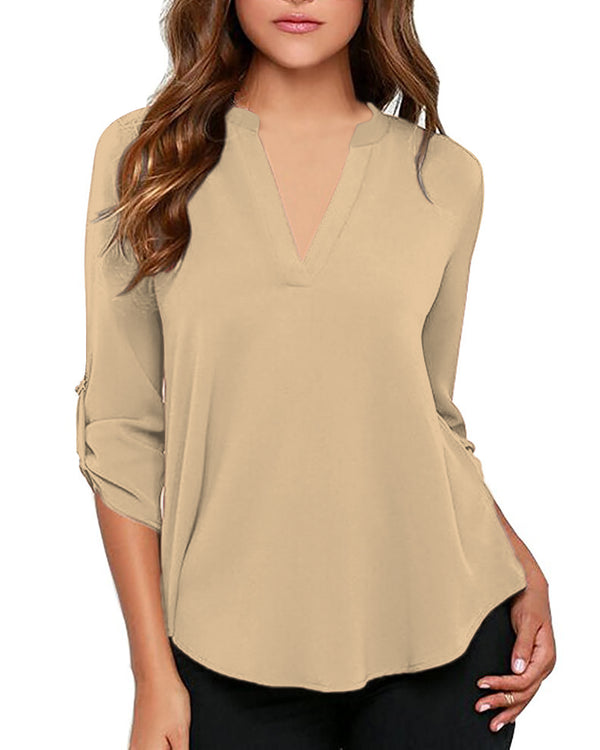 Women's Business Casual V Neck Cuffed Sleeves Work Blouse Top