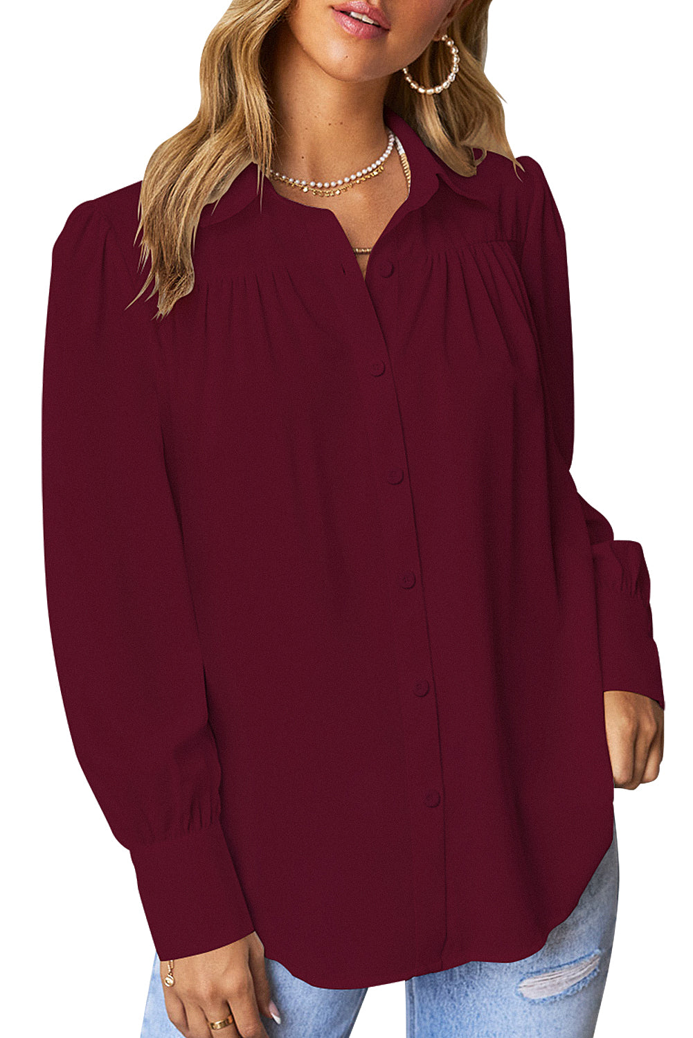 Women’s V Neck Long Sleeve Chiffon Balloon Sleeve Work Blouses