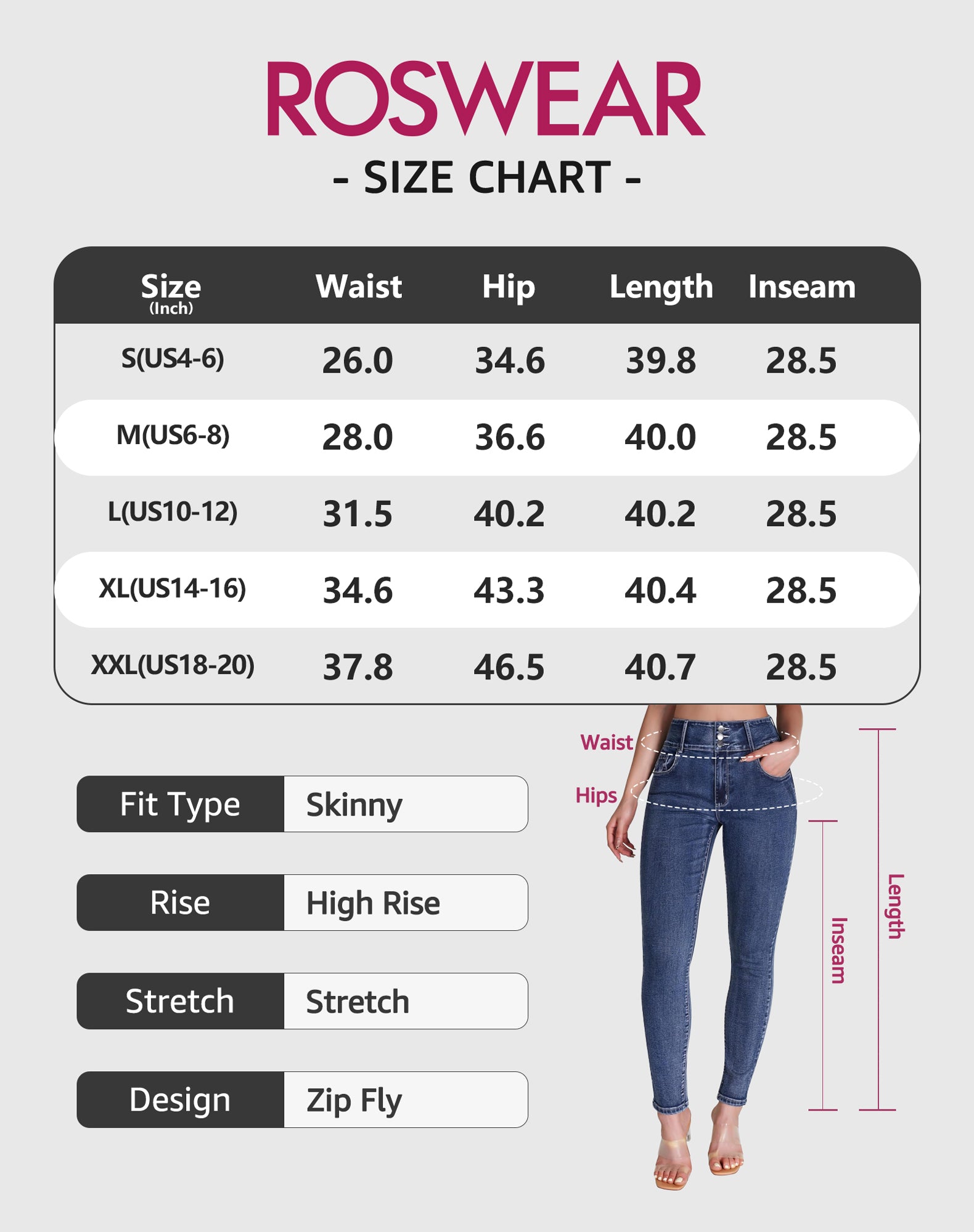 roswear Women’s High Waisted Stretchy Skinny Curvy Jeans Tummy Control Jeggings