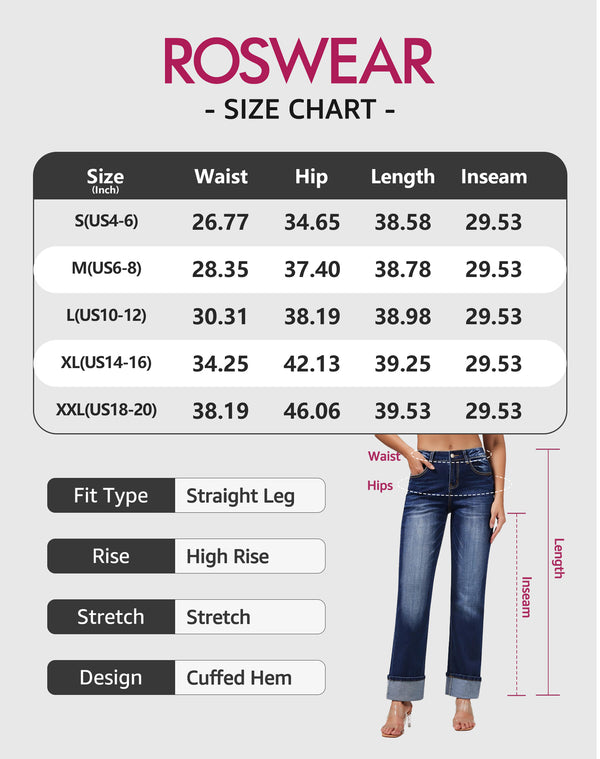 roswear Women’s Straight Leg Jeans High Waisted Boyfriend Stretchy Cuffed Denim Pants