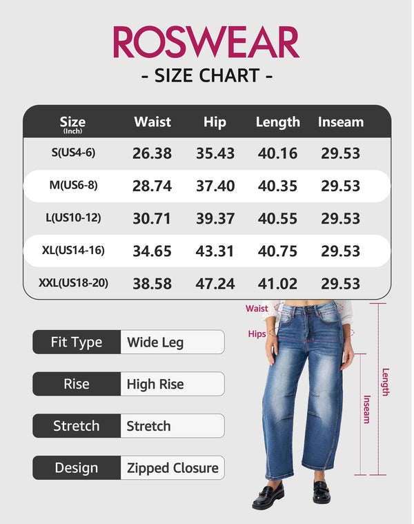 roswear Women's Barrel Jeans High Waisted Stretchy Wide Leg Cropped Boyfriend Denim Jeans