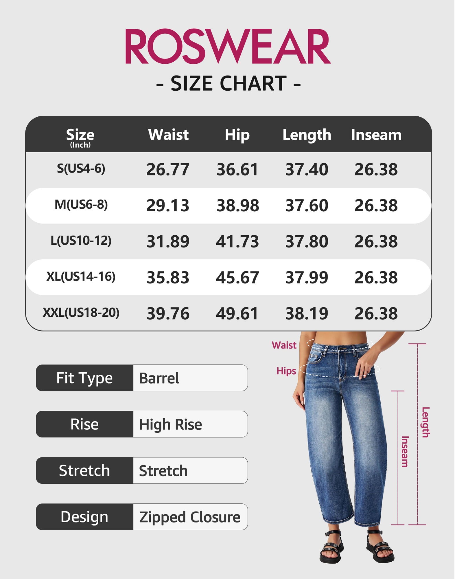 roswear Women's Barrel Jeans High Waisted Wide Leg Cropped Jeans Stretchy Baggy Ankle Denim Pants