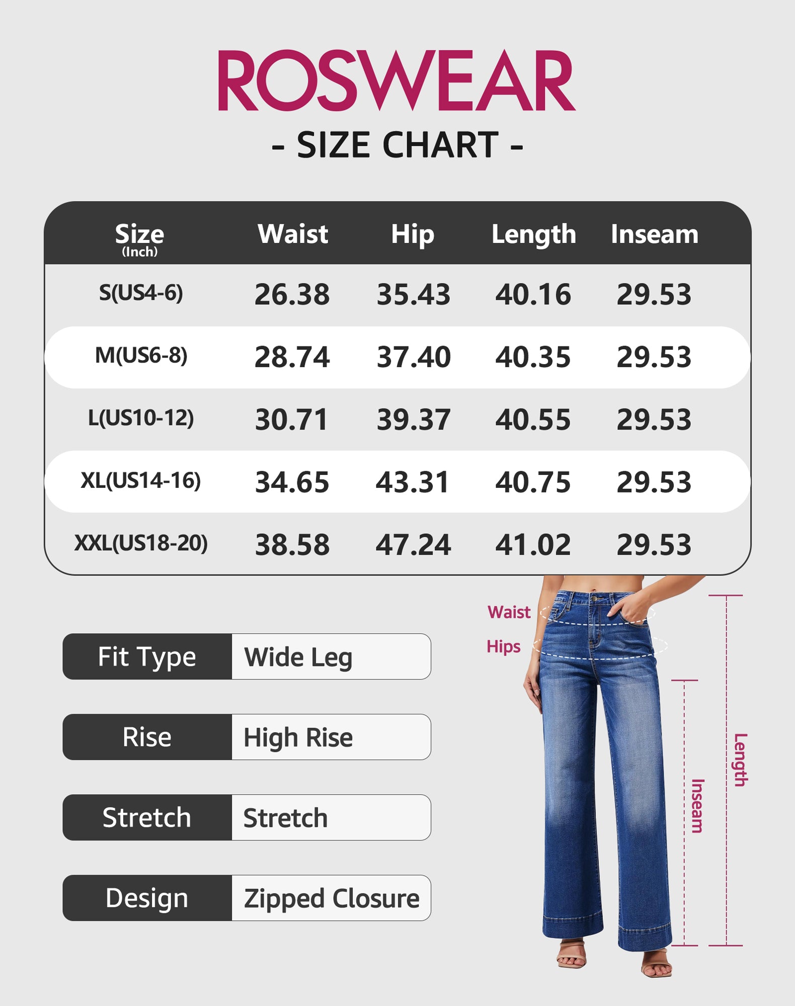 roswear Women's Wide Leg Jeans Casual High Waisted Stretchy Baggy Loose Long Trouser Jeans