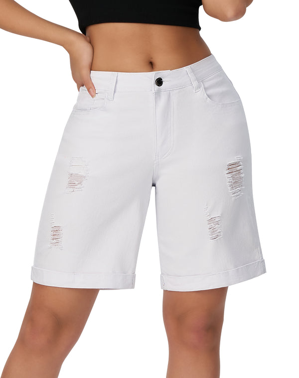 Women’s Wide Leg High Waisted Stretchy Ripped Cuffed Denim Jeans Shorts