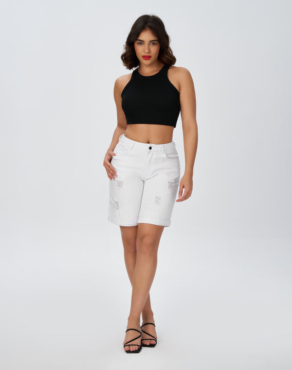 Women’s Wide Leg High Waisted Stretchy Ripped Cuffed Denim Jeans Shorts