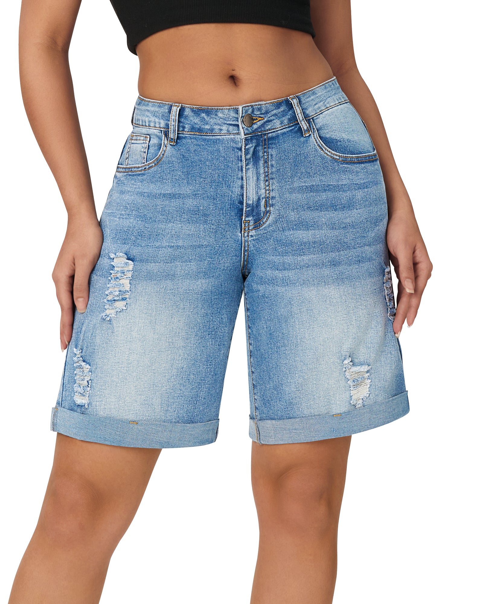 Women’s Wide Leg High Waisted Stretchy Ripped Cuffed Denim Jeans Shorts