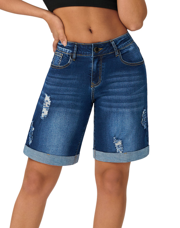 Women’s Wide Leg High Waisted Stretchy Ripped Cuffed Denim Jeans Shorts
