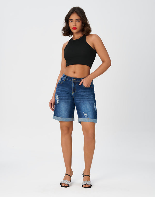Women’s Wide Leg High Waisted Stretchy Ripped Cuffed Denim Jeans Shorts