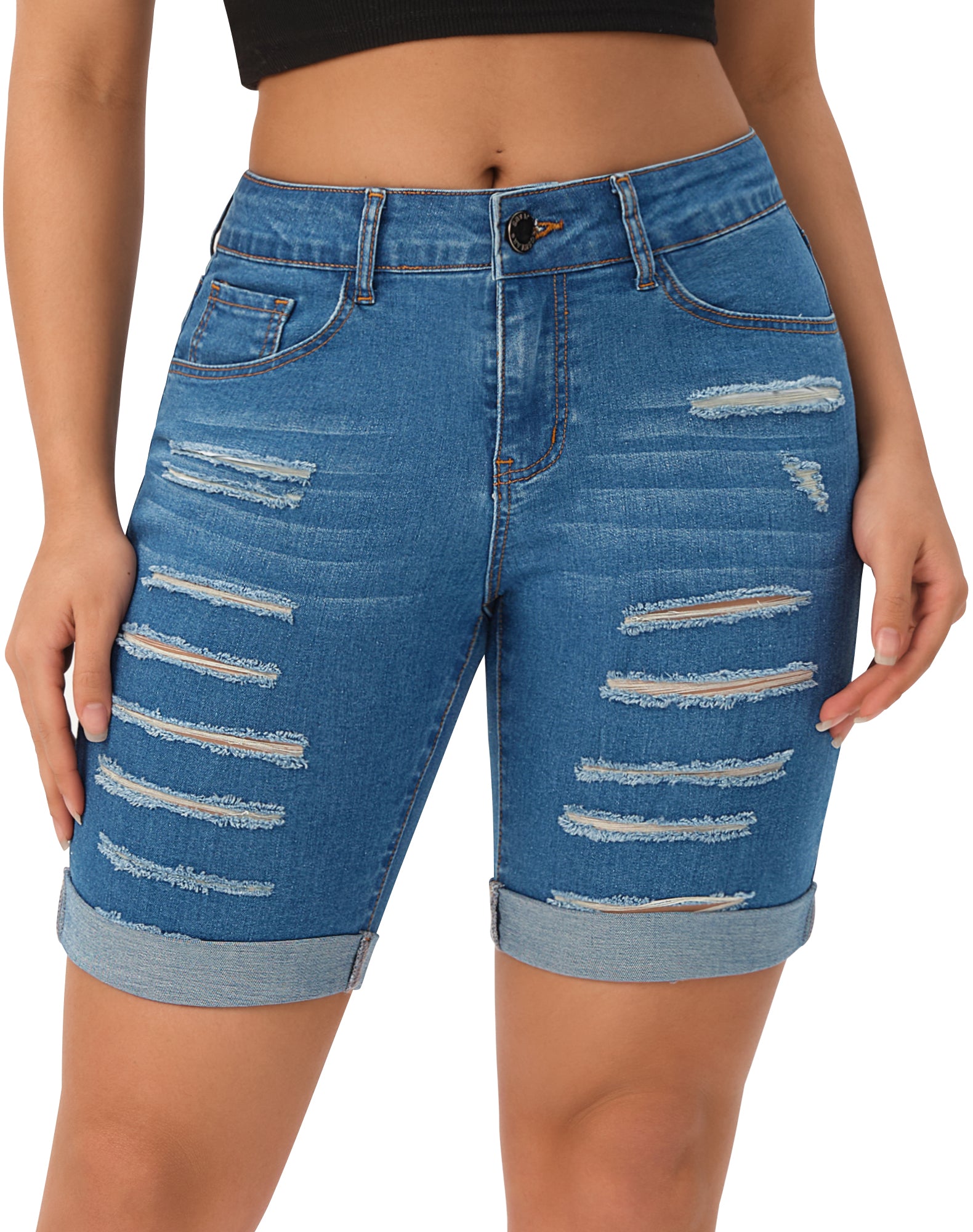 Mid Rise Hollow-out Ripped Bermuda Shorts