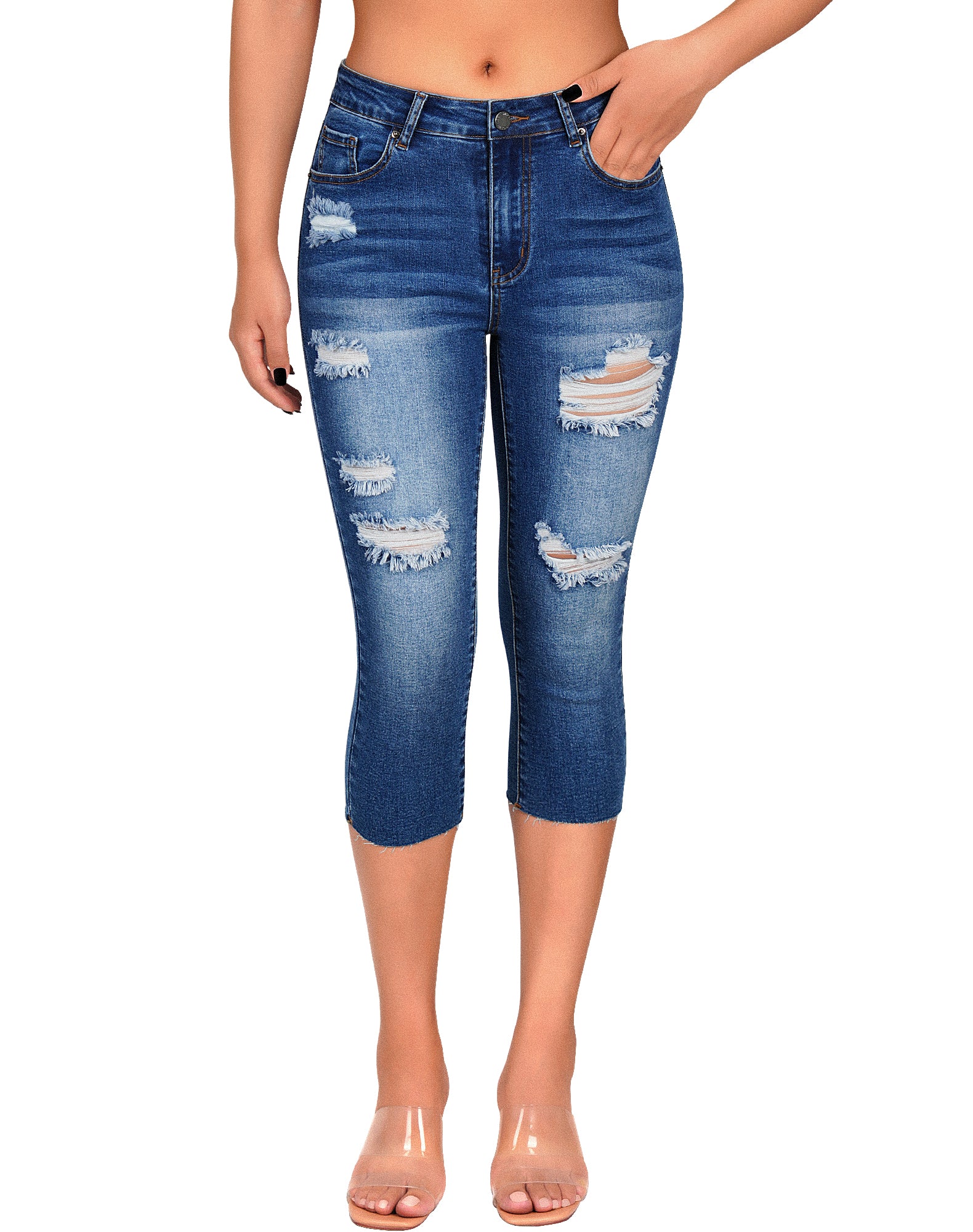 Ripped Cropped Stretchy Capri Jeans