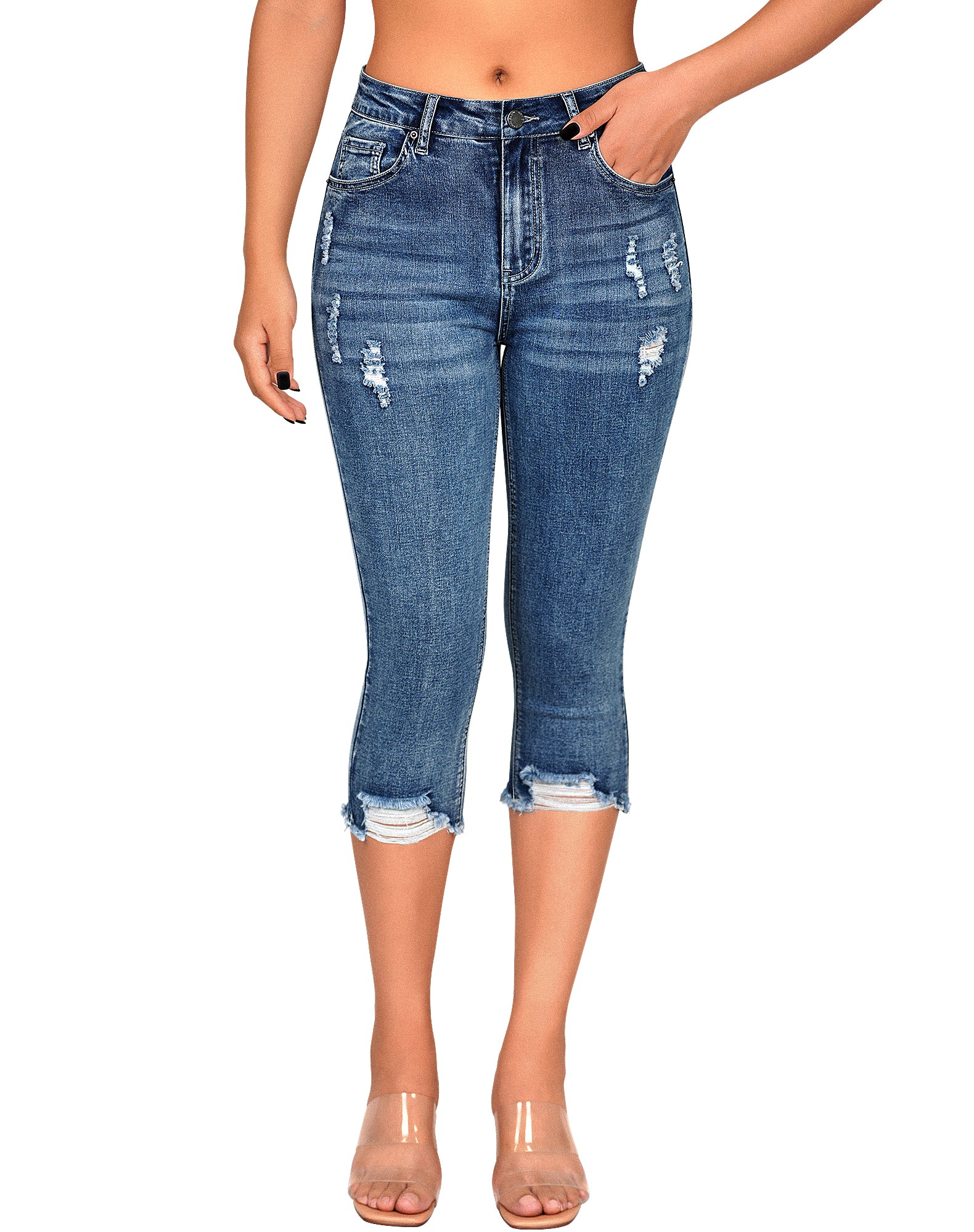 Mid Rise Skinny Ripped Stretchy Cropped Distressed Jeans