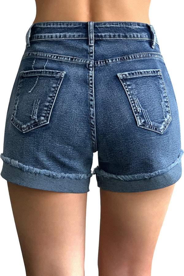 Mid Rise Ripped Stretchy Denim Shorts