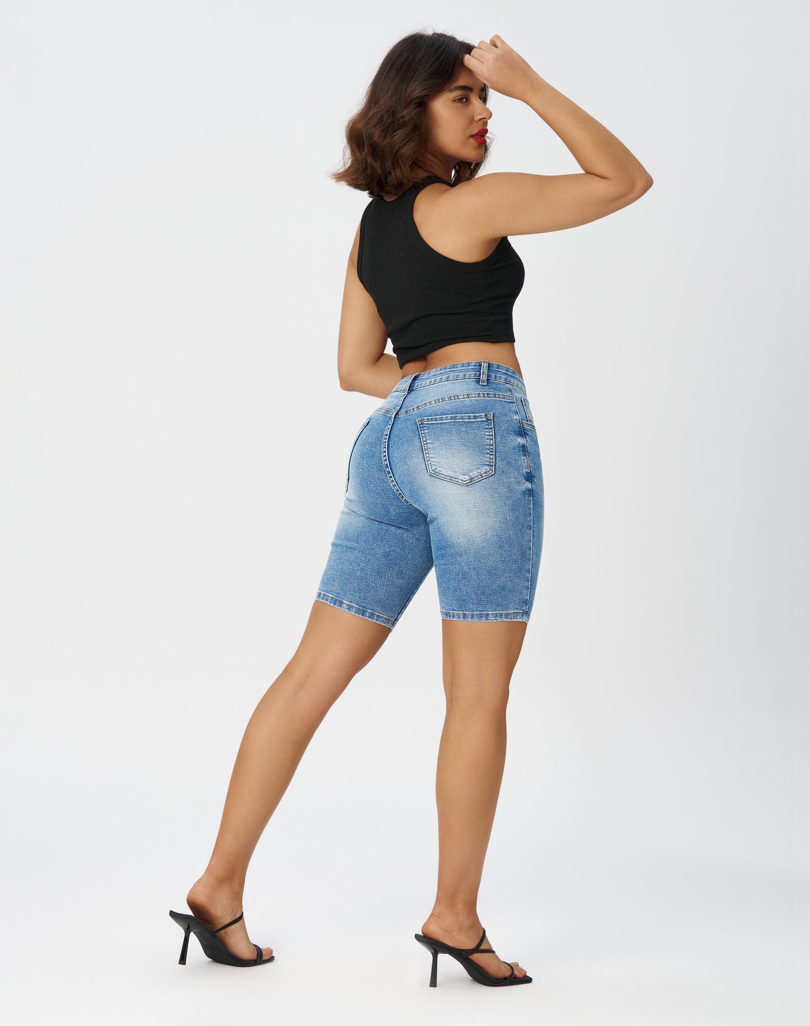 High Waisted Bermuda Shorts Stretchy Knee Length Jean Shorts