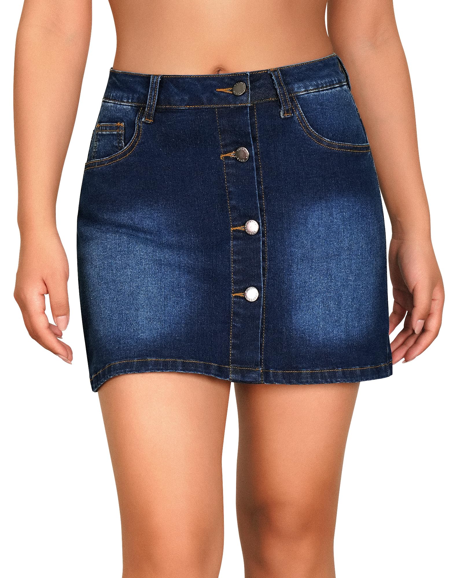 ROSWEAR Women's High Waisted Casual Summer Jean Mini Skorts with Pockets Stretch Denim Shorts Button Front Skirts