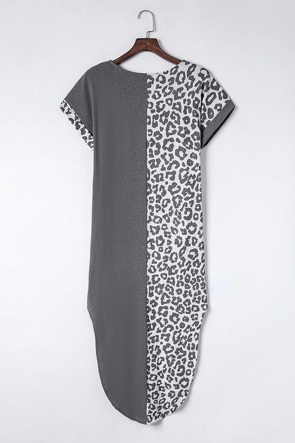 Contrast Solid Leopard Short Sleeve T-shirt Dress with Slits