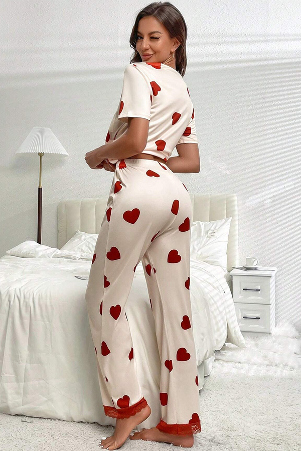 ROSWEAR Women's White Valentines Heart Print Lace Hem Tee Pants Pajama Set