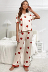 ROSWEAR Women's White Valentines Heart Print Lace Hem Tee Pants Pajama Set