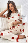 ROSWEAR Women's White Valentines Heart Print Lace Hem Tee Pants Pajama Set