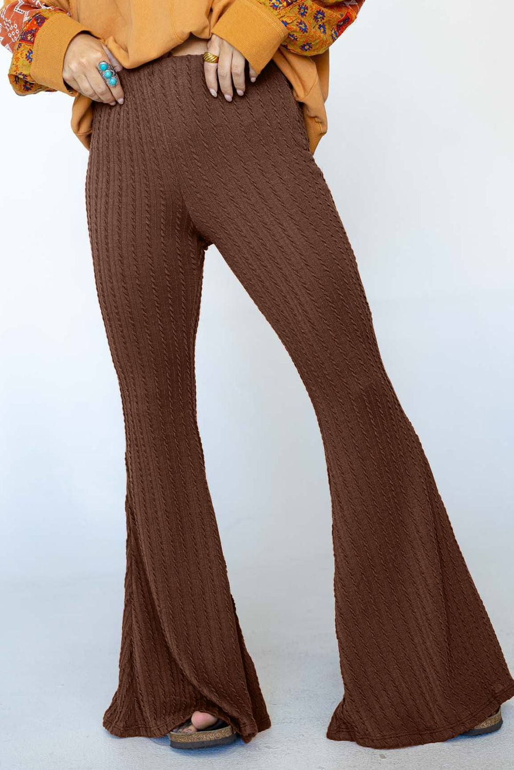 ROSWEAR Women's Coffee Textured Knit Mid Waist Flare Pants