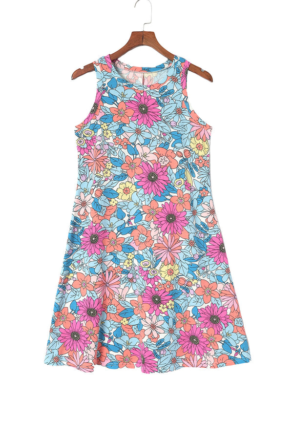 Multicolor Round Neck Sleeveless Floral Mini Dress
