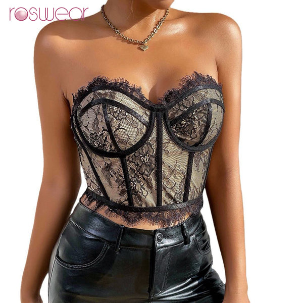 ROSWEAR Women's Black Spaghetti Straps Lace Panel Bodysuit