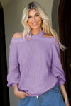 Purple Women's Winter Casual Loose Halter Neck Cold Shoulder Ribbed Knit Sweater
