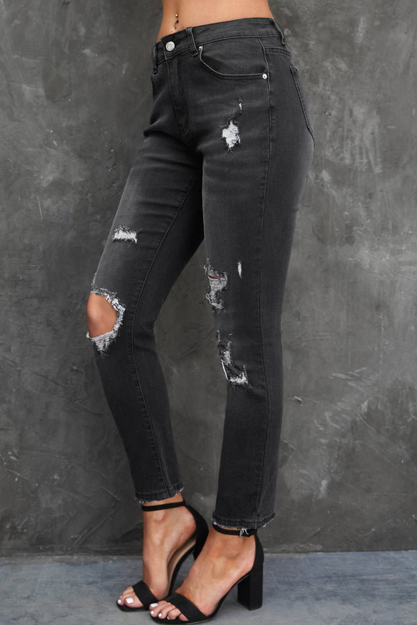 Black Distressed Holes Straight Jeans