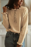 Khaki Frill Trim Buttoned Knit Pullover Sweater