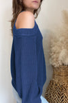 Blue Women's Winter Casual Loose Halter Neck Cold Shoulder Ribbed Knit Sweater