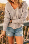Gray Zipper V-neck Dropped Sleeve Hooded Solid Sweater