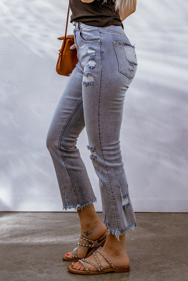 Sky Blue Distressed Raw Hem Buttoned Jeans