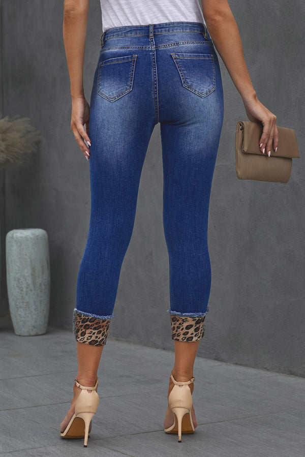 Mid Rise Leopard Patchwork Ripped Skinny Jeans