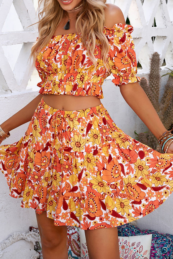 Orange Two-piece Boho Floral Skirt Set