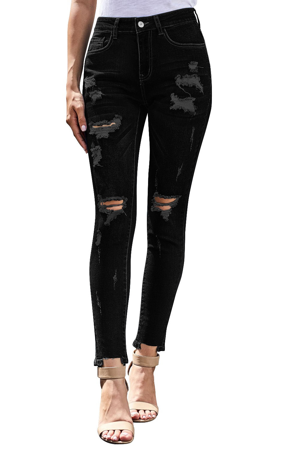 Mid Rise Ripped Stretchy Ankle Skinny Jeans