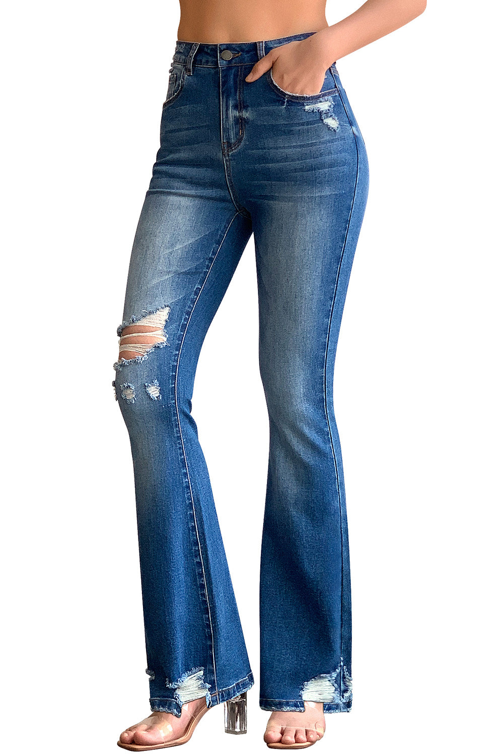 MID RISE DISTRESSED FLARE JEANS#color_blue-wash