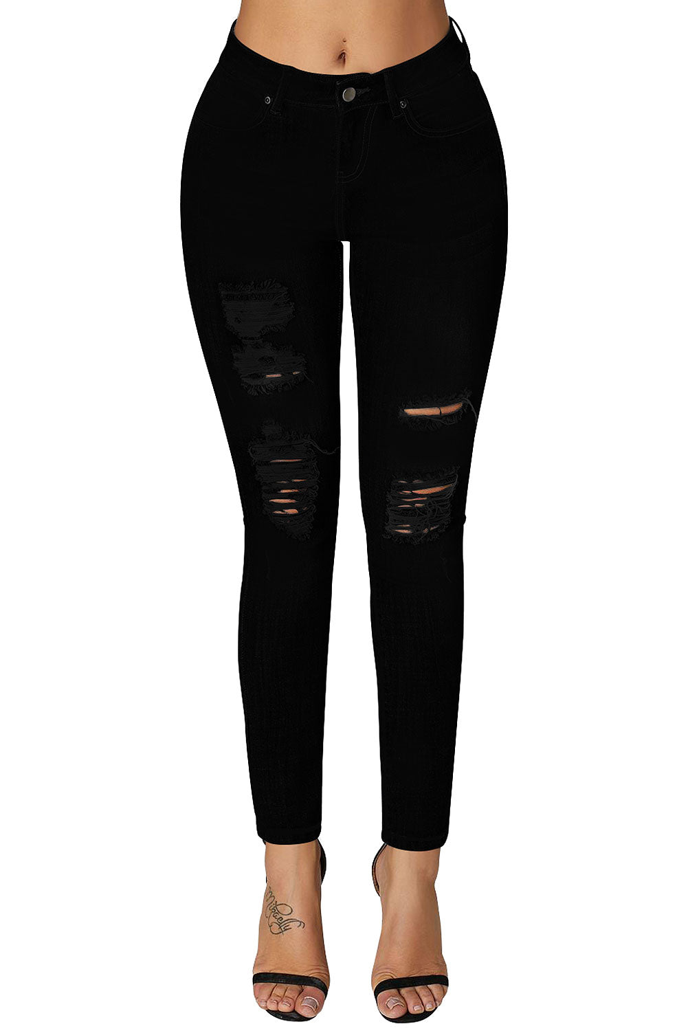 Mid Rise Ripped Ankle Skinny Jeans#color_black