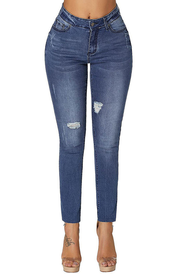 High Rise Ripped Stretchy Skinny Ankle Jeans#color_blue-wash
