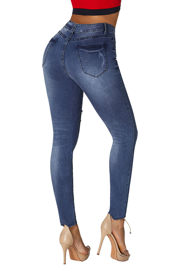 High Rise Ripped Stretchy Skinny Ankle Jeans#color_blue-wash