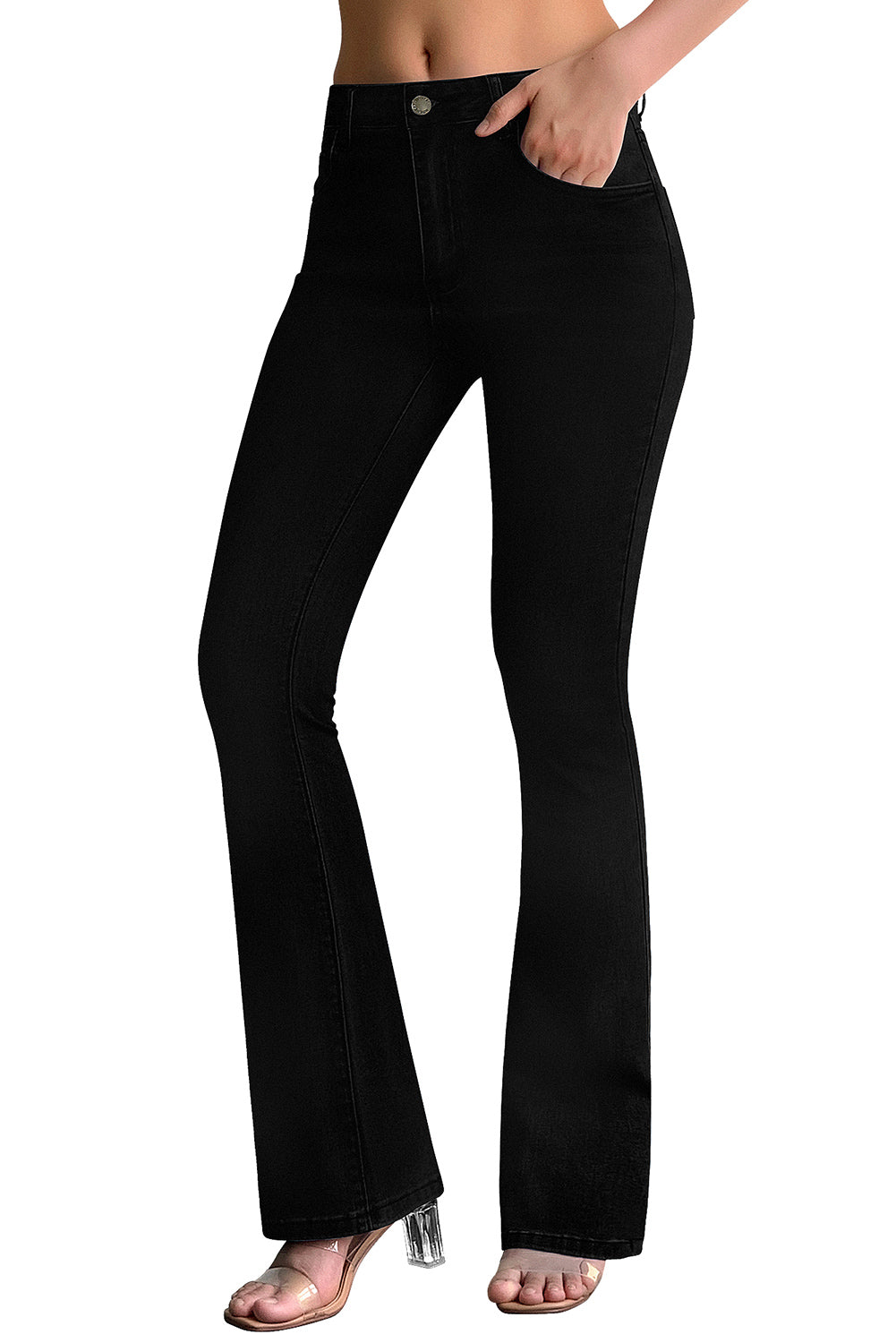MID RISE STRECTHY FLARE JEANS#color_black