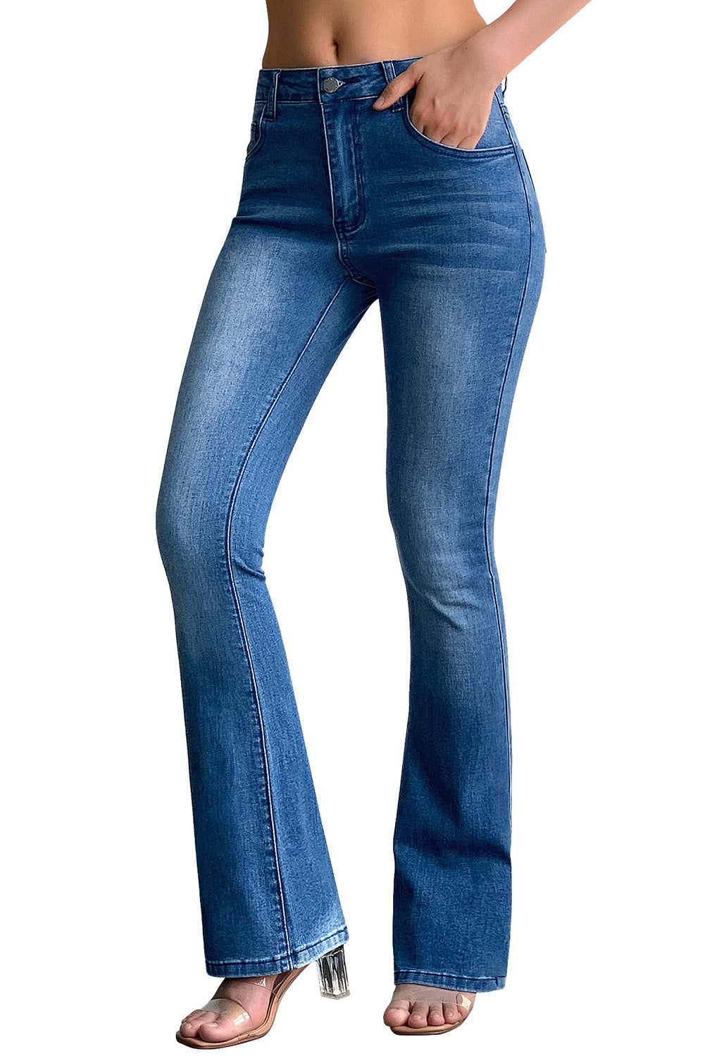 MID RISE STRECTHY FLARE JEANS#color_light-blue-wash