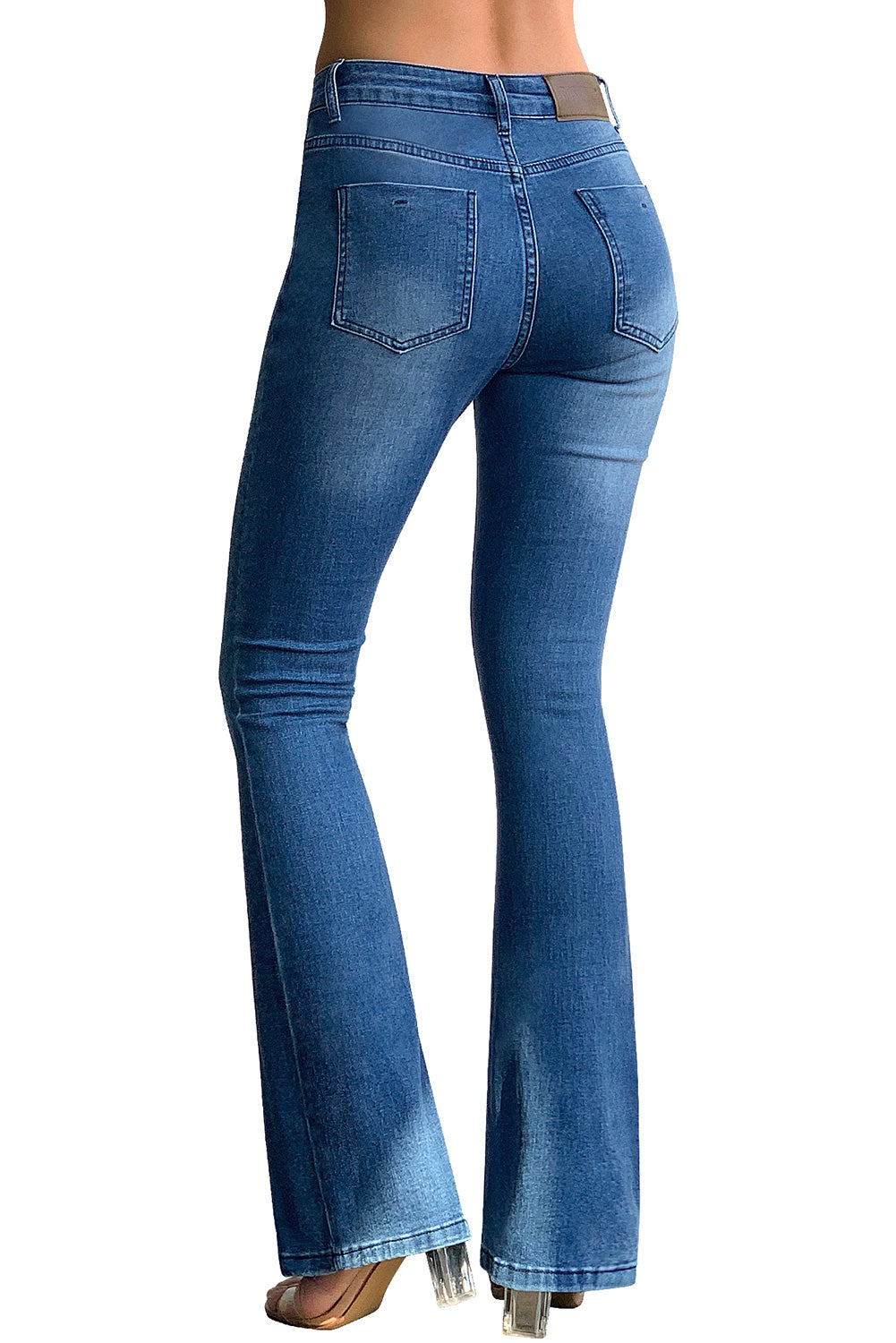 MID RISE STRECTHY FLARE JEANS#color_light-blue-wash